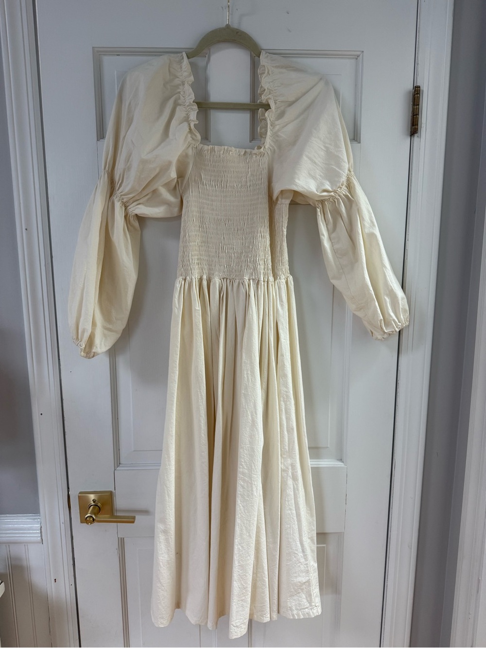 Cream Puff-Sleeve Smocked Bodice Formal Dress